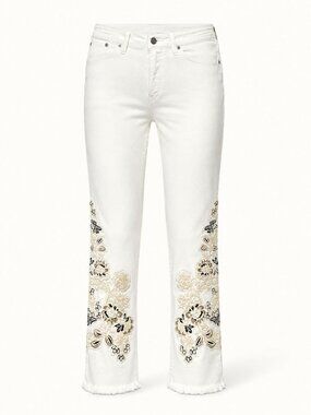 Soft Surroundings Size 12 White Embroidered Ankle Jeans Straight Fit Boho Casual